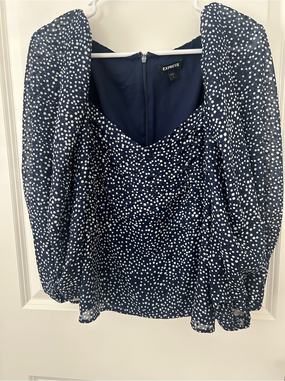 Express Navy Polka Dot Draped Front Blouse